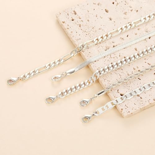 DEARMAY 14K Gold Plated Ankle Bracelets for Women Waterproof - Dainty 6Pcs Anklets Layered Cuban Link Chain Herringbone Cute Anklets Set Pack Summer Beach Jewelry Gift for Women Teen - color: Silver Anklet B