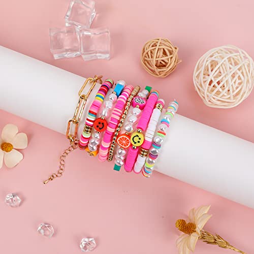 Colorful Heishi Surfer Bracelets Set for Women Stackable Clay Beaded Bracelets Disc Stretch Preppy Bracelets Smiley Face Friendship Bracelets Team Cheer Bulk Boho Summer Beach Jewelry Gift - color: Pink Preppy Beads