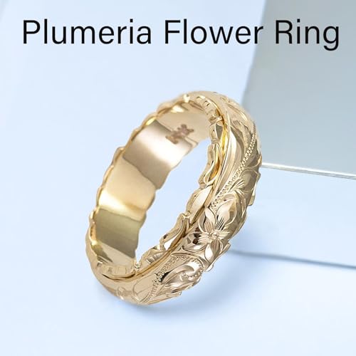 Dainty Engraved Plumeria Flower Ring, 14K Gold Plated Hawaiian Princess Plumeria Flower Scroll Promise Ring Stackable Wedding Engagement Band Jewelry for Women or Men - color: Gold