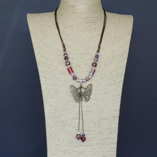 Boho Style Colorful Ceramic Bead Strand Necklace Adjustable Bohemian Jewelry Gift for Women, Fashion Clothing Matching Necklace - color: Maroon