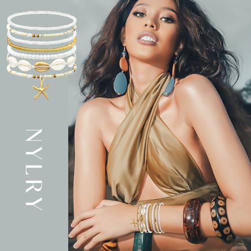 Shell Summer Beach Bracelets for Women Seashell Bracelets Boho Layered Beaded Bracelets Set Starfish Bracelets Handmade Stretch Bracelets Summer Beach Jewelry Accessories Gifts