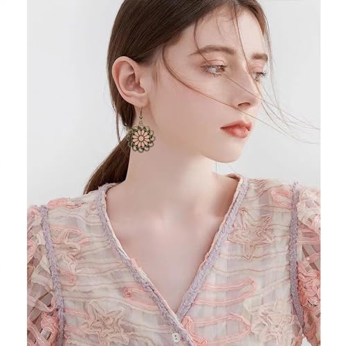 Bohemian Lightweight Vintage Copper Enamel Flower Hollow Dangle Drop Earrings Handmade Retro Circle Floral Hook Earrings For WomenJewelry Gifts - color: Pink
