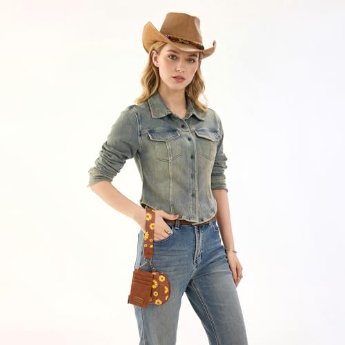 Wrangler KeyChain Wristlet Wallets for Women Sunflower Floral Dual Pouch Wristlet Western Credit Card Holder Wallet with Zipper Pocket - color: Sunflower Brown