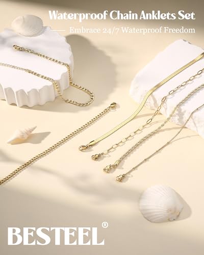 Besteel Ankle Bracelets for Women Waterproof - 14K Gold Plated Non Tarnish Layered Cuban Link Chain Rope Figaro Herringbone Anklets Set Plus Size Anklet Summer Foot Jewelry Gift Adjustable 8-12 Inch - style: 6 Pcs Gold Cuban-8.5+2.5 Inch