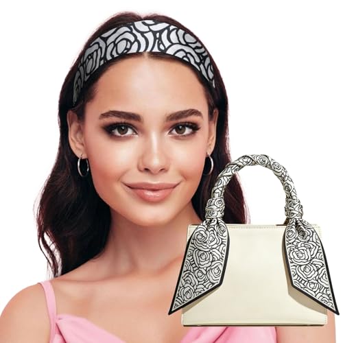 Sumolux Head Hair Scarf for Women Neck Purse Bag Handbags Scarf Like Silk - color: Black White Flowers