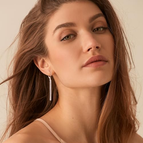 Silver Bar Dangle Drop Earrings for Women, 14K Gold French Style Leverback Dangle Drop Earrings, Hypoallergenic Jewelry - color: CZ Silver