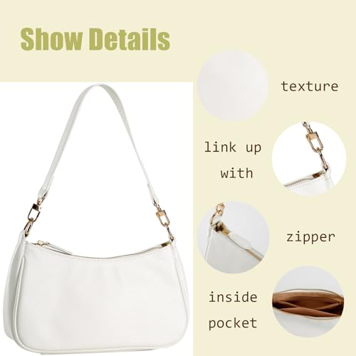 Shoulder Bag for women Crossbody Bags Retro Classic Small Hobo Purse Clutch Tote Handbags with Zipper Closure - color: White