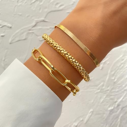Alegend Titanium Steel (Not Rust, Resist Corruption, Easily Clean) 18K Gold Plated Single Bracelets + 14K Gold Plated Stackable Multilayer Bracelets - style: 14KGold + 3PCS