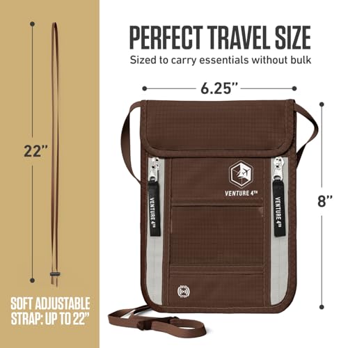 VENTURE 4TH Neck Wallet – RFID Blocking Passport Holder for Travel, Hidden Passport Wallet, Concealed Travel Wallet for Women, Men & Family (Brown) - color: Brown