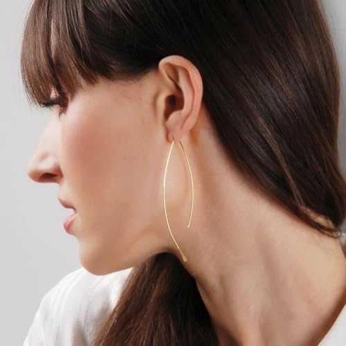 Upside Down Hoop Earrings - Hypoallergenic Lightweight Wire Needle Drop Dangle Threader Hoops for Women, Safe for Sensitive Ears - Plated in 925 Sterling Silver or 18k Gold - color: 3.25" inch - 18k Gold Plated