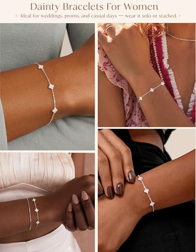 Dainty Silver Gold Bracelets for Women Trendy Non Tarnish 14K Gold Plated Cute Clover Bracelet Stackable Daisy Cubic Zirconia Diamond Charm Bracelet Stack Waterproof Jewelry Gifts - color: 01- Dainty Bracelet- Silver