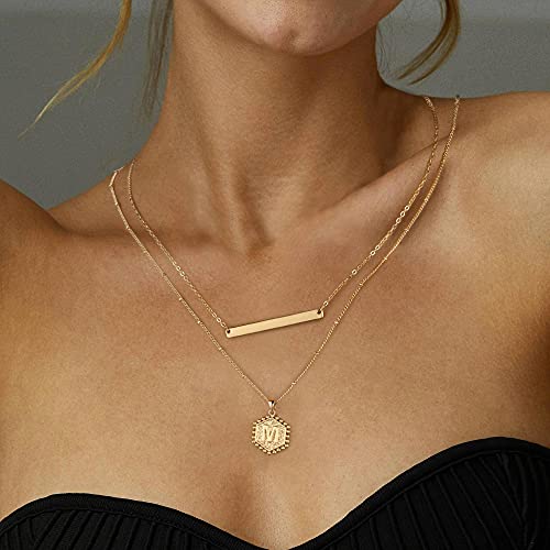 Turandoss Layered Initial Necklaces for Women, 14K Gold Plated Bar Necklace Handmade Layering Hexagon Letter Pendant Beads Chain Necklace Layered Necklaces for Women Jewelry Gifts - style: C