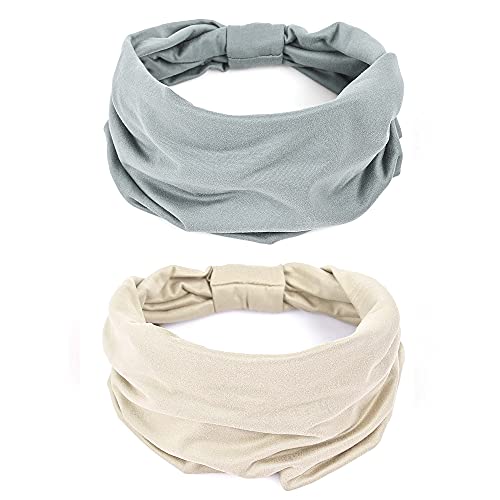 GiLi 2 Pack Wide Headbands for Women Boho African Knotted Non Slip Fashion Hair Bands Yoga Running Sports Workout Gym Head Wraps Elastic Soft Cotton Cloth Turbans Bandana for Girls(Light Grey, Skin) - color: 2 Color (Light Grey+Skin)