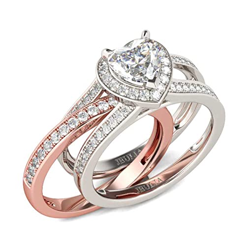 Jeulia Engagement Interchangeable Ring Set for Women Heart Cut Sterling Silver Wedding Promise Brilliant Classic Band Fashion Anniversary Rose Gold Halo Diamond Bridal with Jewelry Box - color: Rose gold