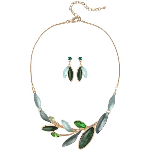 Vintage Chunky Statement Jewelry Set Retro Leaf Floral Geometric Bohemian Boho Bib Necklace Earring Set Fashion Costume Jewelry for Women Girls Wedding Party Prom Unique Gift - style: branch leaf-green gold