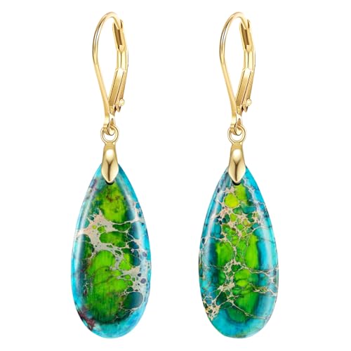 XGALBLA Boho Long Teardrop Stone Dangle Drop Earrings for Women Natural Healing Stone Leverback Earrings Statement Gold Tone - color: Green- Golden Leverback