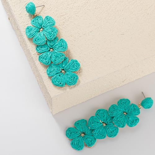 Boho Flower Earrings Statement Raffia Dangle Earrings Cute Floral Jewelry Trendy Summer Beach Vacation Outfits for Women - color: Teal-2