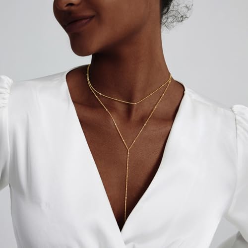 LULII Gold Necklace for Women Trendy Lariat Y Necklace Dainty 14k Gold Plated/Silver Long Necklaces for Women Layered Beaded Drop Necklaces Simple Y-Shaped Chain Jewelry Gifts - color: Y Small Layered Necklace-Gold