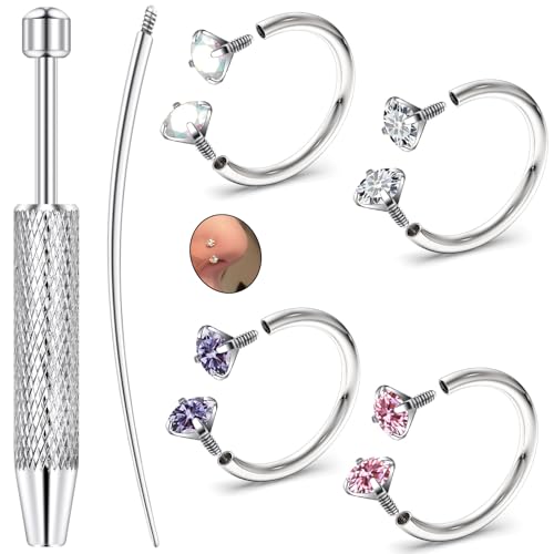 18g Horseshoe Nose Ring F136 Titanium for Women Internal Thread Double Gem Horse Shoe Nose Ring Hoop Cartilage Helix Tragus Earring Hoops Labret Lip Piercing Jewelry Small Septum Rings