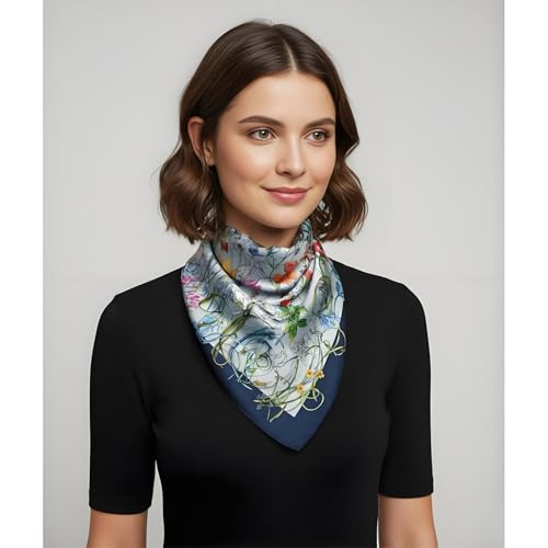 Premium Floral Scarf for Women 35x35 Square Silk Feel-Lightweight Scarves Headscarf Bandanas Wrapping Handbag - color: Wildflower