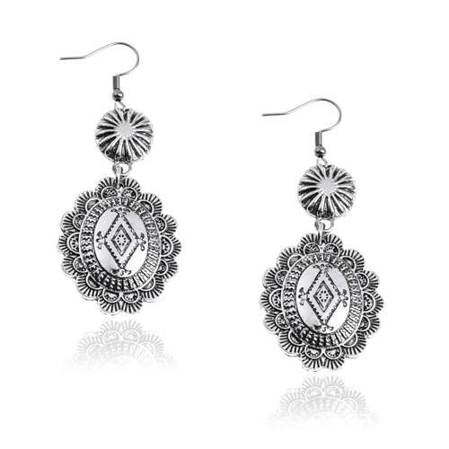 Rustic Couture's Western Earrings for Women Cowgirl Country Concho Dangling Western Statement Jewelry - color: B-Silver