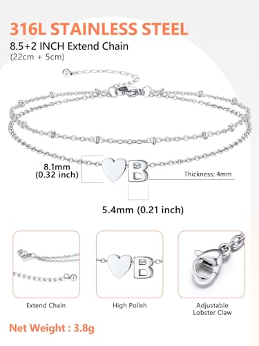 Silvora Ankle Bracelets for Women Waterproof 14K Gold/Silver/Black Initial Anklet for Women Dainty Layered Heart Ankle Bracelets Stainless Steel Adjustable Foot Chain Anklet Summer Beach Jewelry - color: B-Silver