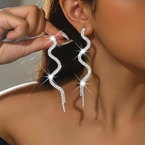 Sparkling Rhinestone Wave Earring Gold Tassel Earrings Long Fringe Chandelier Drop Earrings Wedding Prom Bridesmaid Fashion Jewelry Accessary for Women - color: Silver
