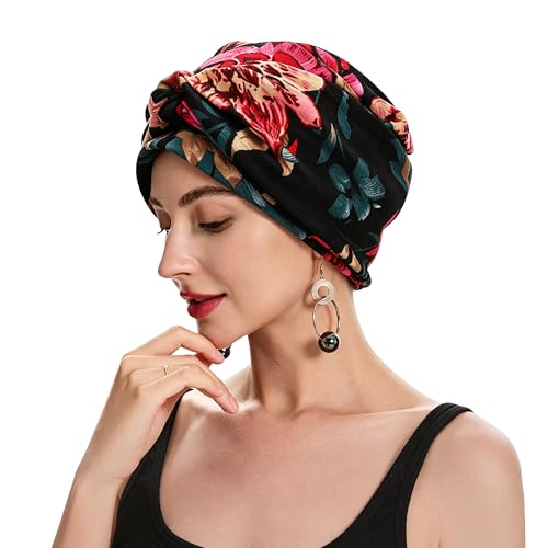 ZLYC Chemo Headwear for Women Pre Tied Turban Headwear Lightweight Beanie Hat - color: Flowers Black