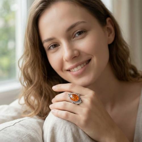 Handmade 925 Sterling Silver Plated Ring Natural Gemstone Carnelian, Rose Quartz, Tiger Eye, Crystal Oval Boho Jewelry For Women - color: Amber