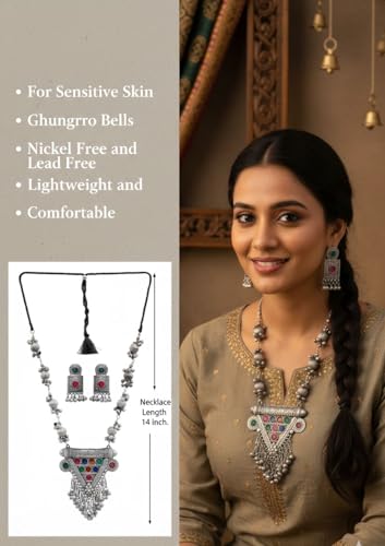Designer Statement Afghani Antique Oxidised Silver Indian Party Ethnic Tassel Ghungroo Bells Tribal Gypsy Necklace Jewelry Set Women