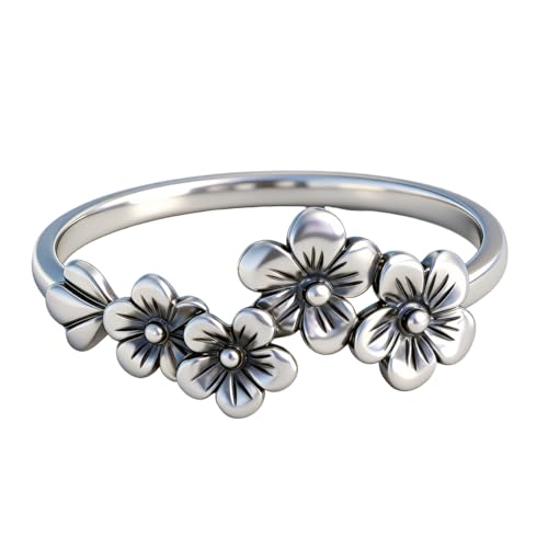 Vintage Blooming Wild Floral Ring Index Finger Ring Retro Daisy Flower Hawaiian Vine 925 Sterling Silver 4 Plumeria Flowers Wedding Band Ring for Women Boho Ring Jewelry Gift 6# - size: 6#