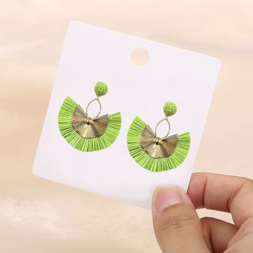 Anmpab Straw Fan Bohemian Tassel Earrings for Women Trendy Colorful Fringe Summer Beach Statement Earrings - color: Green