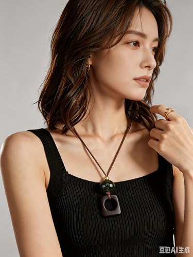 Kelake Leather Necklace for Women Men Teen Vinatge Boho Alloy Pendant Choker Jewelry Fashion Sweater Necklaces with Adjustable Genuine Leather Chain - color: Jade Bead Square Wood Pendant
