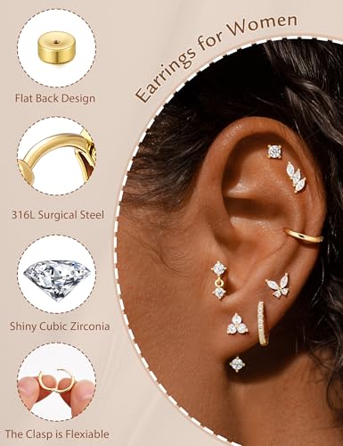 M MOOHAM Flat Back Earrings Stack for Women, Hypoallergenic 14K Gold-Plated Flatback Stud Hoop Cartilage Earring Set Trendy Multiple Conch Tragus Helix Piercing Jewelry Gifts