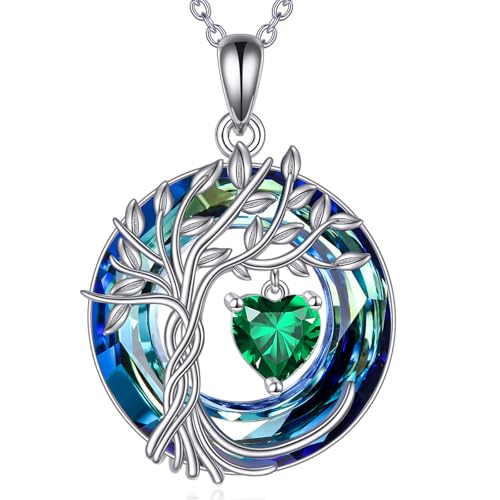 POPLYKE Mothers Day Gifts for Mom Her Wife Tree of Life Necklace 925 Sterling Silver Birthstone Pendant with Crystal Anniversary Birthday Wedding Jewelry for Women - color: 05-May-Emerald, style: White Gold Plated-Blue Crystal