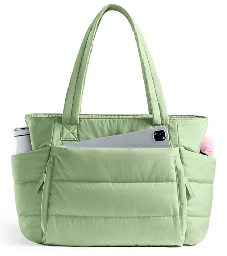 Tote Bag for Women with Zipper, Quilted Puffer Tote Bag with Compartments, Lightweight Puffy Work Bags for Women Travel - color: Foam Green