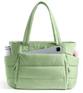 Tote Bag for Women with Zipper, Quilted Puffer Tote Bag with Compartments, Lightweight Puffy Work Bags for Women Travel - color: Foam Green