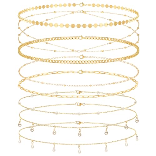 8Pcs Gold Waist Chain Set for Women Sexy Belly Body Chains Pearl Sequin Snake Bead Chains Belt Beach Bikini Jewelry Accessories Set Adjustable for Summer Beach Holiday Party - color: Set 2