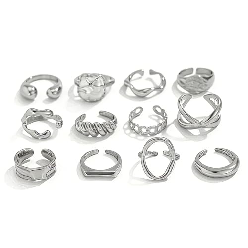 Chunky Gold Rings for Women Non Tarnish Boho Stackable Rings Set Adjustable Open Joint Finger Midi Knuckle Ring Packs - color: Silver Pearl Rings 12Pcs