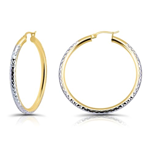 Hoops & Loops 925 Sterling Silver Diamond-Cut Round Hoop Textured 3mm Click-Top Earrings for Women, Slver, Two-Tone 14K Yellow Gold Flash Plate 15/20/25/30/35/40/45/50mm Hoops - color: Two-Tone Gold & Silver, size: 40mm (1.56'')