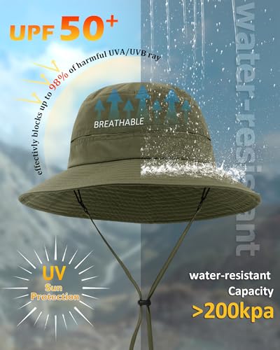 Womens Ponytail Sun Hat Packable UPF50+ Waterproof Bucket Hat Hiking Fishing Safari Hat Foldable Beach Hat - color: Army Green