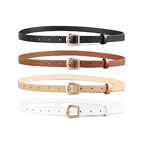 HOTWILL 4 Pack Women Skinny Belts for Jeans Dress Thin Waist Belt for Ladies - color: Gold Buckle a Black Beige Brown White, size: X-Large