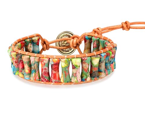 Sriomu 7 Chakra Bracelets for Women Handmade Natural Jasper Stone Healing Bead Bracelet Women Men Boho Friendship Inspirational Jewelry Natural Jasper Stone Double Layer Healing Bead Jewelry Gifts - color: Colored-Leather