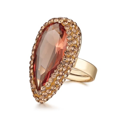 HZMAN Crystal Ring for Women Retro Antique Rhinestone Ring Cubic Zirconia Gold Plated Turkish Ring Jewelry Gift - color: Amber-Teardrop