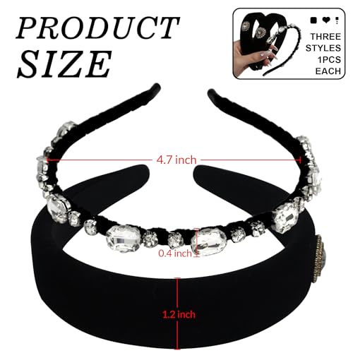 3 Pack Black Velvet Headbands for Women, Rhinestone Jeweled Thick Padded Hairbands & Thin Braided Crystal Hair Hoop, Vintage Baroque Sparkly Hair Accessories for Wedding Party - color: Velvet Crystal