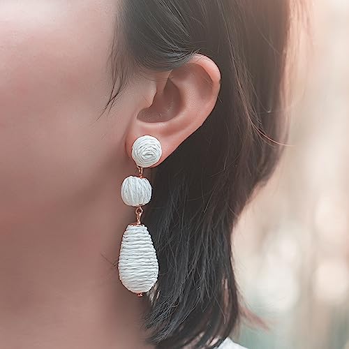 Boho Raffia Earrings Statement Dangle Earrings Cute Teardrop Ball Earrings Colorful Summer Jewelry Handmade Rattan Earrings for Women - color: White