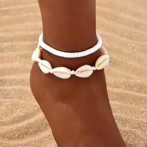 Qceasiy Shell Ankle Bracelet Set for Women, Gold Plated Boho Bead Adjustable Anklet, Hawaiian Beach Seashell Pearl Heart Starfish Conch Foot Jewelry Gifts - color: Shell&Puka