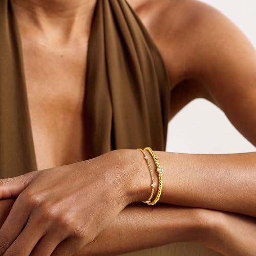 Yoosteel Dainty May Emerald Birthstone Bracelet for Women, 14K-Gold-Plated Stretch Beaded Clover Round Green CZ Link Bracelet Stack Trendy Jewelry Birthday Gifts