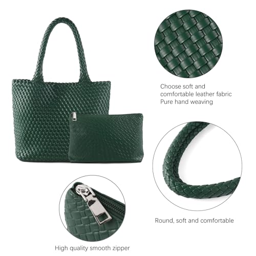 Hand Woven Bag Tote BagS For Women Top Handle Shoulder Vegan Leather Large Travel Beach Hobo Handbag - color: Dark Green