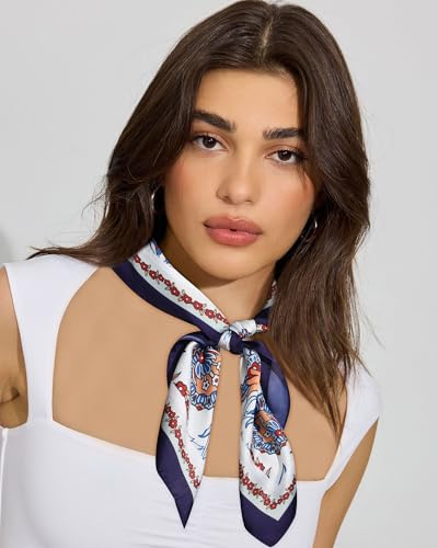 AWAYTR 27.5” Square Satin Head Scarf Hair Scarf for Women's Hair Silk Bandana for Women Silk Head Wrap for Sleeping - color: Flower (Dark Blue + White)